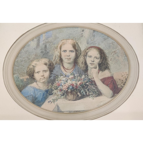 55 - ATTRIBUTED TO TITO AGUJARI (ITALIAN 1834-1908), 'Portrait of three girls with basket of flowers', wa... 