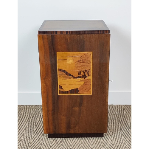 568 - ART DECO BEDSIDE/RECORD CABINET, inlaid central panel door enclosing record storage, 76cm x 43cm x 3... 