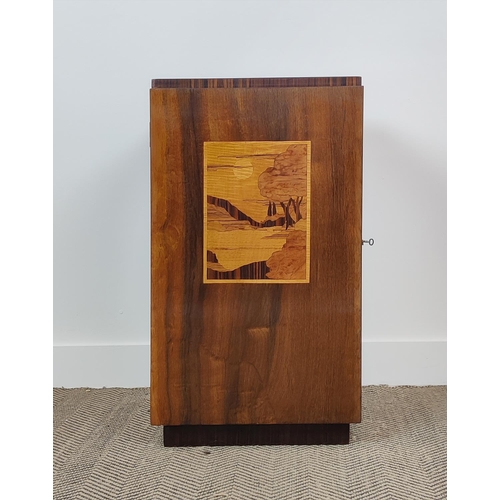 568 - ART DECO BEDSIDE/RECORD CABINET, inlaid central panel door enclosing record storage, 76cm x 43cm x 3... 