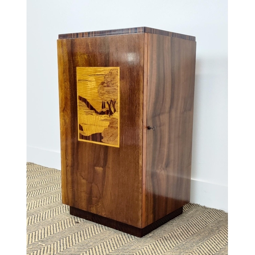 568 - ART DECO BEDSIDE/RECORD CABINET, inlaid central panel door enclosing record storage, 76cm x 43cm x 3... 