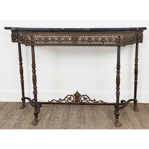 576 - AN ITALIAN STYLE WROUGHT IRON CONSOLE TABLE, marble top, pierced frieze, 85cm H x 134cm W x 33cm D.