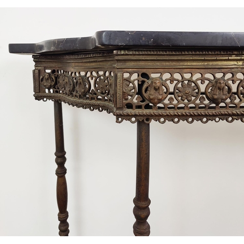 576 - AN ITALIAN STYLE WROUGHT IRON CONSOLE TABLE, marble top, pierced frieze, 85cm H x 134cm W x 33cm D.