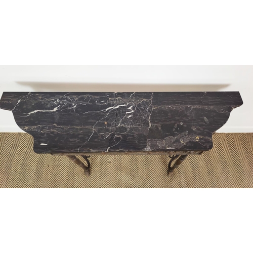 576 - AN ITALIAN STYLE WROUGHT IRON CONSOLE TABLE, marble top, pierced frieze, 85cm H x 134cm W x 33cm D.