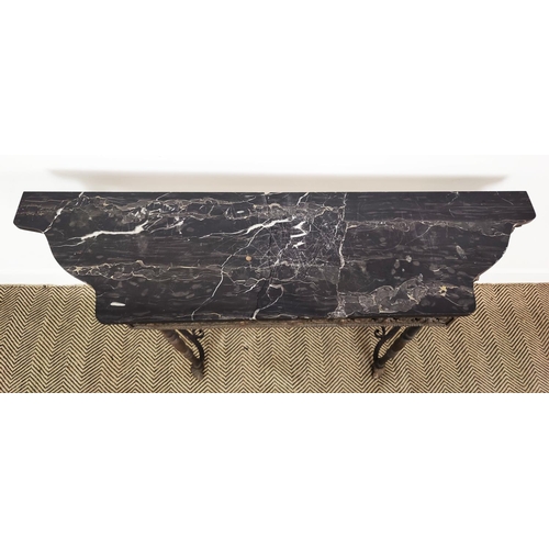 576 - AN ITALIAN STYLE WROUGHT IRON CONSOLE TABLE, marble top, pierced frieze, 85cm H x 134cm W x 33cm D.