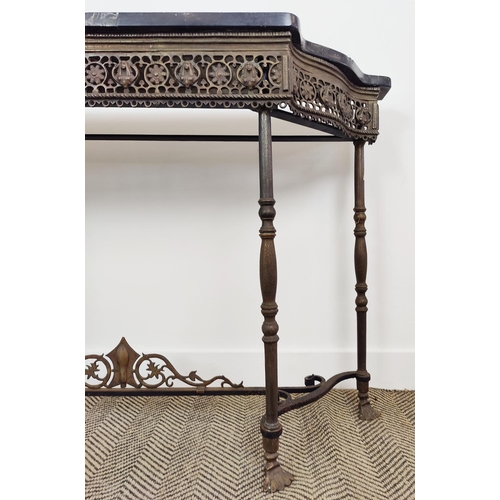 576 - AN ITALIAN STYLE WROUGHT IRON CONSOLE TABLE, marble top, pierced frieze, 85cm H x 134cm W x 33cm D.