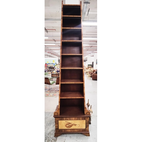 577 - PAIR OF BOOKCASES, oblisque form, mahogany and rosewood veenered, 290cm H x 81cm W x 39cm D.