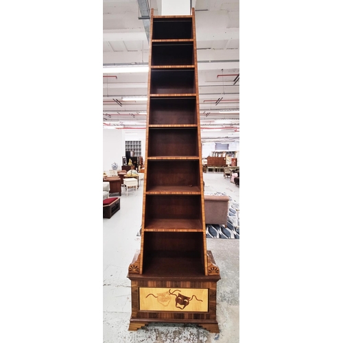 577 - PAIR OF BOOKCASES, oblisque form, mahogany and rosewood veenered, 290cm H x 81cm W x 39cm D.