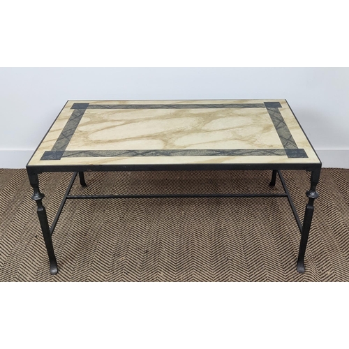 581 - A LOW TABLE, wrought iron frame, inset with a marble top, 48cm H x 102cm W x 61cm D.