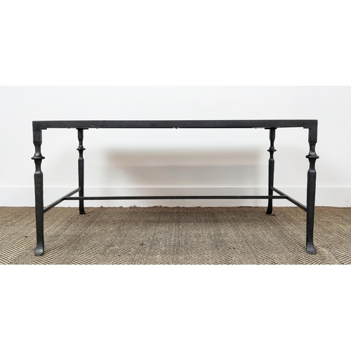 581 - A LOW TABLE, wrought iron frame, inset with a marble top, 48cm H x 102cm W x 61cm D.