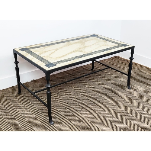 581 - A LOW TABLE, wrought iron frame, inset with a marble top, 48cm H x 102cm W x 61cm D.