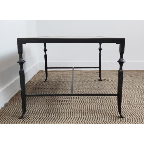 581 - A LOW TABLE, wrought iron frame, inset with a marble top, 48cm H x 102cm W x 61cm D.