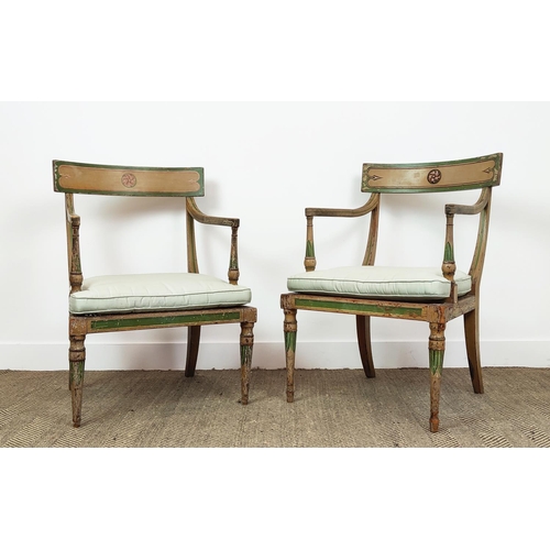 582 - ARMCHAIRS, a near pair, Regency painted with cane seats and silk squab cushions, 85cm H x 55cm W. (2... 