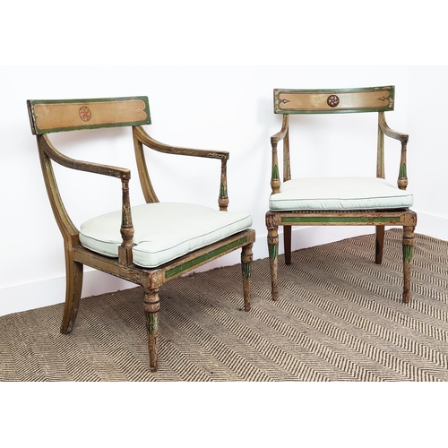 582 - ARMCHAIRS, a near pair, Regency painted with cane seats and silk squab cushions, 85cm H x 55cm W. (2... 