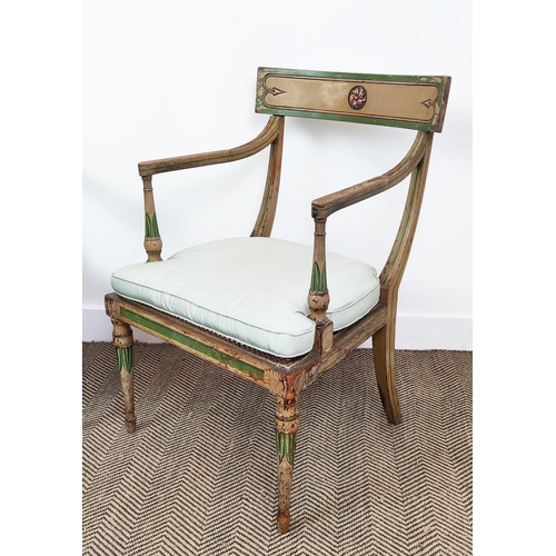 582 - ARMCHAIRS, a near pair, Regency painted with cane seats and silk squab cushions, 85cm H x 55cm W. (2... 