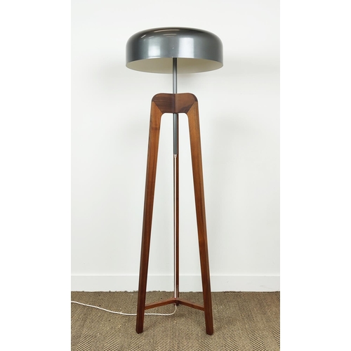 590 - PORADA PILEO FLOOR LAMP, walnut tripod base with metal shade, 158cm H x 43cm W.