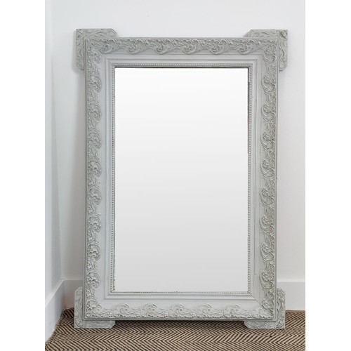 597 - WALL MIRROR, French Louis XVI design, painted frame with a foxed plate, 111cm x 78cm.