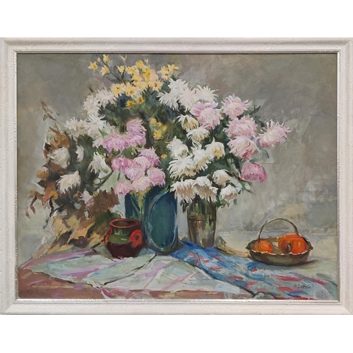 61 - NATALIA ZARUBA (1915-2012, Ukrainian), 'Chrysanthemums and Daffodils', 1970, oil on canvas, 90cm x 1... 