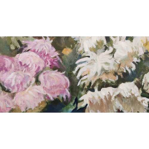 61 - NATALIA ZARUBA (1915-2012, Ukrainian), 'Chrysanthemums and Daffodils', 1970, oil on canvas, 90cm x 1... 