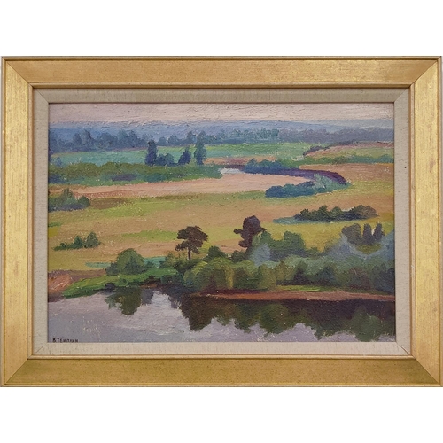 69 - VIKTOR TEMPLIN (1920-1994) ‘River landscape’ 1960-s, oil on board, 34cm x 48cm.