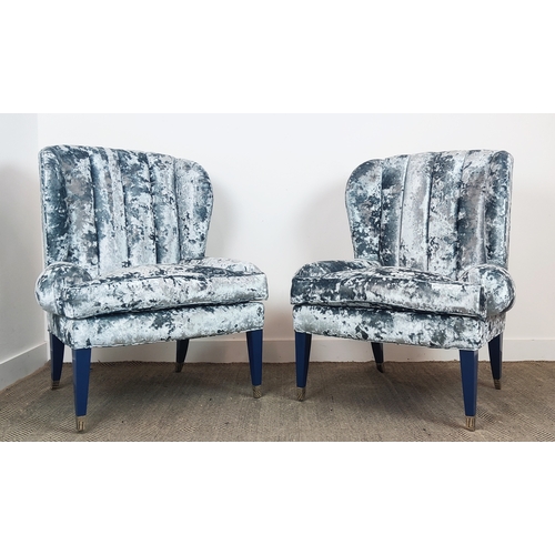 539 - BEN WHISTLER, mottled blue fabric upholstered, 86cm W approx, ribbed backs. (2)