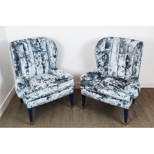 539 - BEN WHISTLER, mottled blue fabric upholstered, 86cm W approx, ribbed backs. (2)