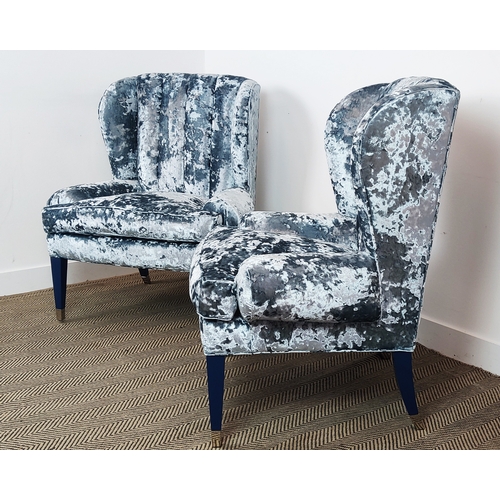 539 - BEN WHISTLER, mottled blue fabric upholstered, 86cm W approx, ribbed backs. (2)