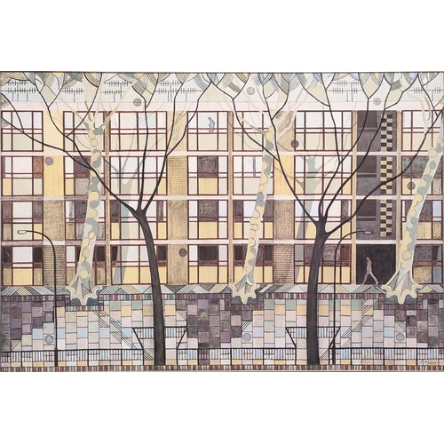 87A - DONALD ARLETT (British B.1937), '50s Flats', oil and charcoal on board, 122cm x 81cm, framed.