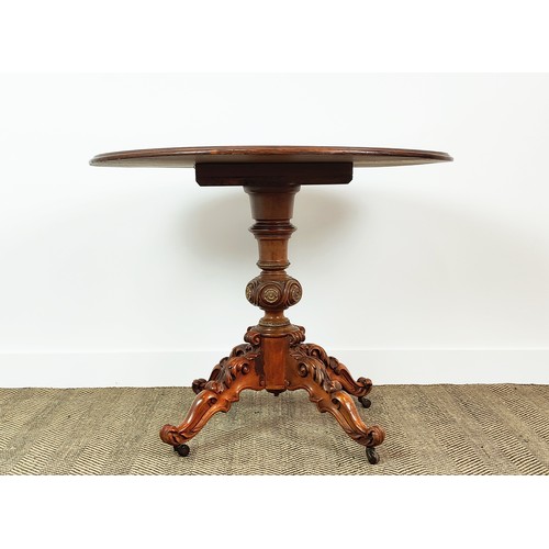 241 - PEDESTAL TABLE, 19th century Continental burr walnut with oval tilt top, carved legs and castors, 74... 