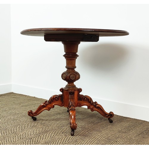 241 - PEDESTAL TABLE, 19th century Continental burr walnut with oval tilt top, carved legs and castors, 74... 