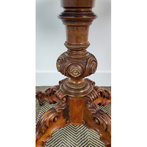 241 - PEDESTAL TABLE, 19th century Continental burr walnut with oval tilt top, carved legs and castors, 74... 