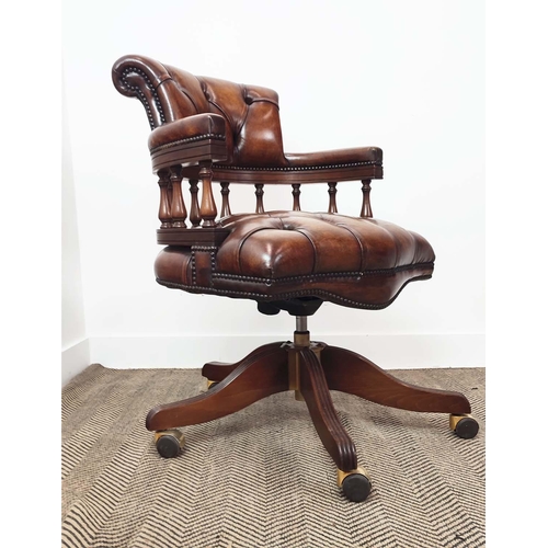 359 - CAPTAIN'S CHAIR, swivelling seat, deep buttoned brown leather upholstered, beech frame, 90cm H x 61c... 