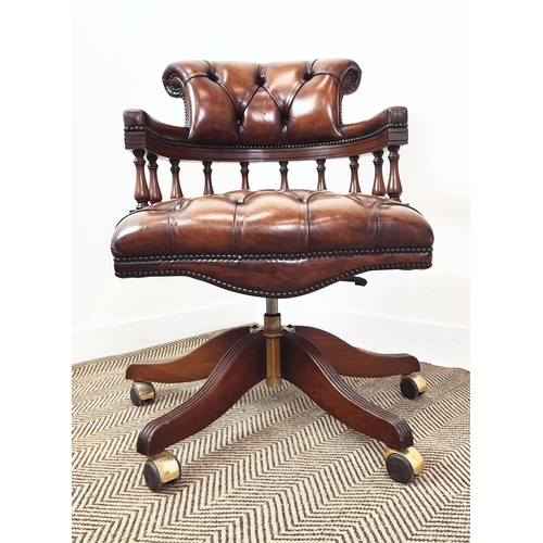 359 - CAPTAIN'S CHAIR, swivelling seat, deep buttoned brown leather upholstered, beech frame, 90cm H x 61c... 