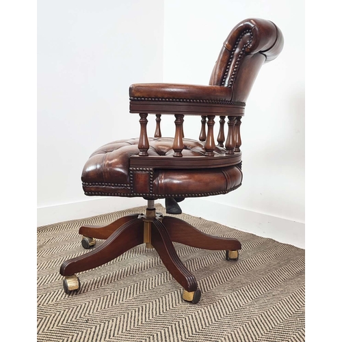 359 - CAPTAIN'S CHAIR, swivelling seat, deep buttoned brown leather upholstered, beech frame, 90cm H x 61c... 