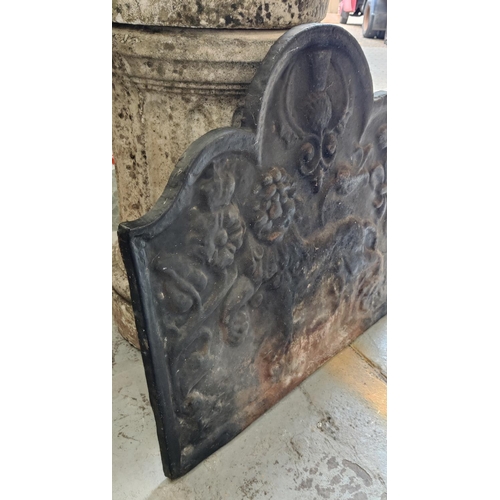 360 - A CAST IRON FIREBACK DEPICTING A LION IN RELIEF, possibly 18th century, 68cm H x 76cm W.