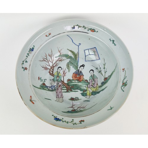 22A - A 20TH CENTURY CHINESE FAMILLE VERTE BASIN, jar with lid and two sancai glazed parrots. (4)