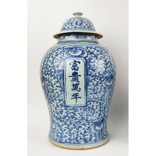 28A - THREE 19TH CENTURY CHINESE BLUE AND WHITE JARS, with lids, largest 45cm H. (3)