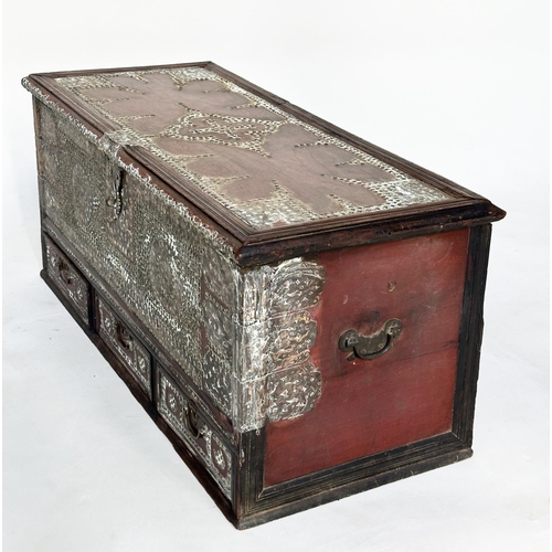 266 - ZANZIBAR TRUNK, 19th century East African teak and profusely brass inset with rising lid and three b... 