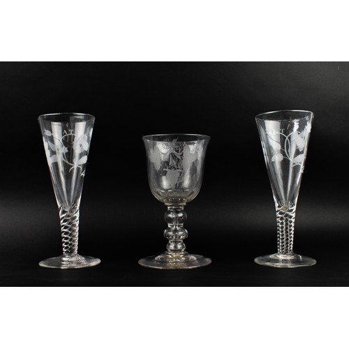 20 - GLASS GOBLETS, a pair, 19th century Jacobean style with etched foliate decoration inscribed 'Fiat' a... 