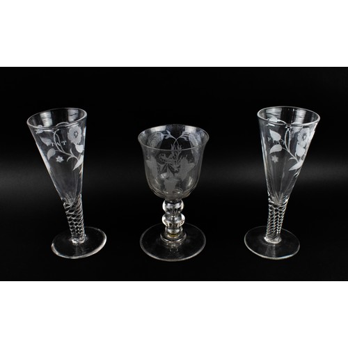 20 - GLASS GOBLETS, a pair, 19th century Jacobean style with etched foliate decoration inscribed 'Fiat' a... 