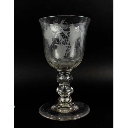 20 - GLASS GOBLETS, a pair, 19th century Jacobean style with etched foliate decoration inscribed 'Fiat' a... 