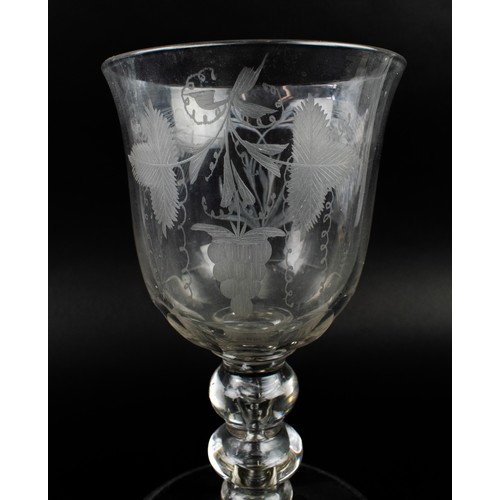 20 - GLASS GOBLETS, a pair, 19th century Jacobean style with etched foliate decoration inscribed 'Fiat' a... 