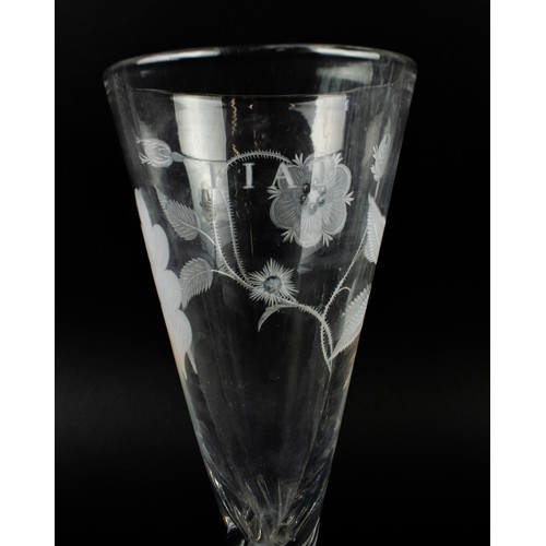 20 - GLASS GOBLETS, a pair, 19th century Jacobean style with etched foliate decoration inscribed 'Fiat' a... 