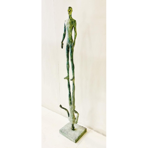 244 - CONTEMPORARY SCHOOL REFLECTION SCULPTURE, bronze figures in a verdigris finish, 117cm H x 21cm W x 1... 