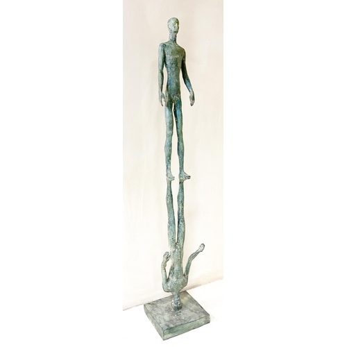 244 - CONTEMPORARY SCHOOL REFLECTION SCULPTURE, bronze figures in a verdigris finish, 117cm H x 21cm W x 1... 