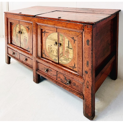 248 - CHINESE SIDEBOARD, red lacquered, with twin cupboard doors painted with figural scenes over four sho... 