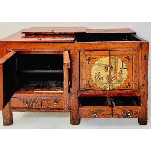 248 - CHINESE SIDEBOARD, red lacquered, with twin cupboard doors painted with figural scenes over four sho... 