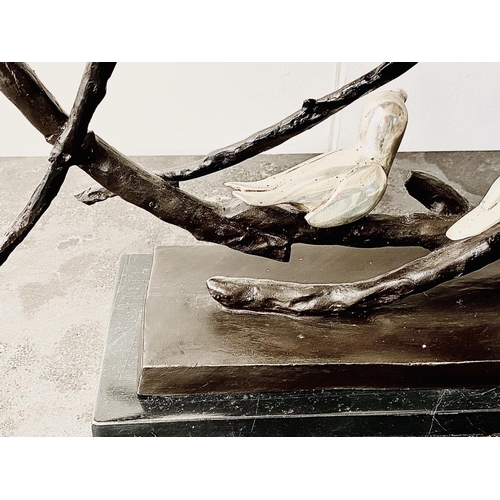 319 - CONTEMPORARY SCHOOL SCULPTURE, birds on a naturalistic branch frame on a marble base, 60cm H x 65cm ... 