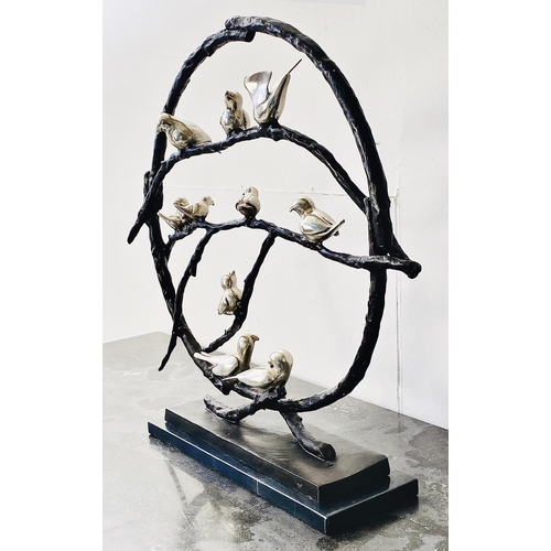 319 - CONTEMPORARY SCHOOL SCULPTURE, birds on a naturalistic branch frame on a marble base, 60cm H x 65cm ... 