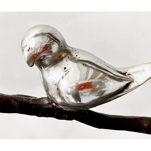 319 - CONTEMPORARY SCHOOL SCULPTURE, birds on a naturalistic branch frame on a marble base, 60cm H x 65cm ... 