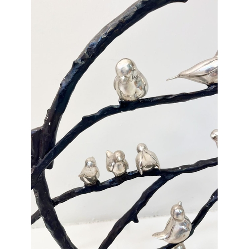 319 - CONTEMPORARY SCHOOL SCULPTURE, birds on a naturalistic branch frame on a marble base, 60cm H x 65cm ... 